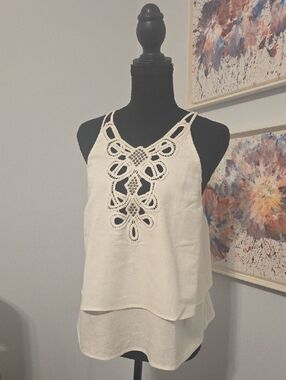 Zara Light cream Linen Embroidery Tank Top